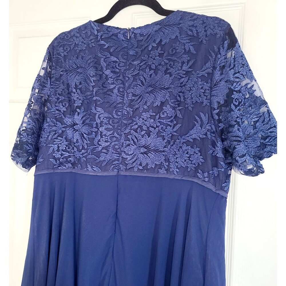 Blue Lace Chiffon Evening Gown Dress Floral V-Neck Sleeves High-Low Hem Size 2XL - Picture 5 of 16